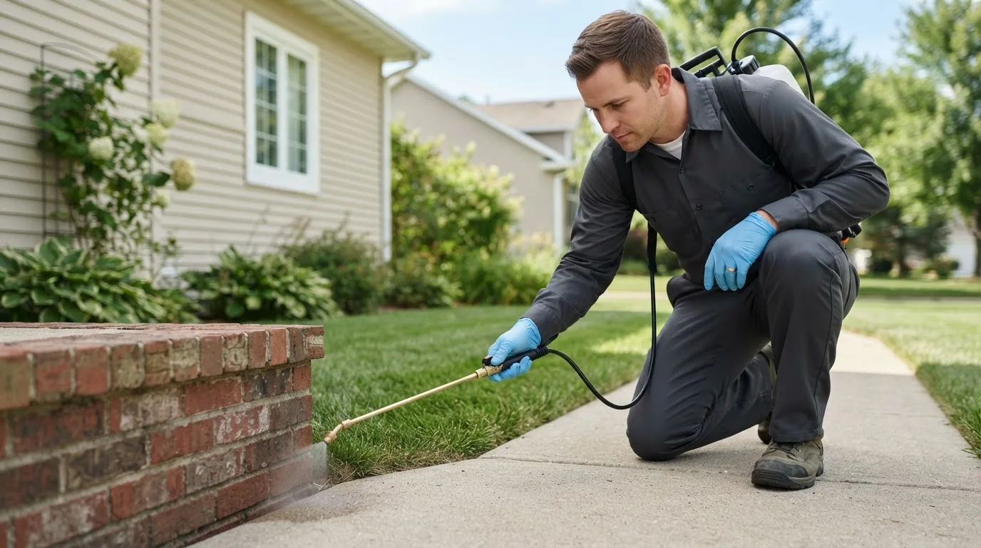 Pest control technician treating a home near Robinson, KS